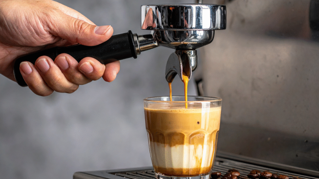Espresso läuft aus dem Siebträger in ein Glas, daneben frisch gemahlene Kaffeebohnen