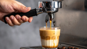 Espresso läuft aus dem Siebträger in ein Glas, daneben frisch gemahlene Kaffeebohnen