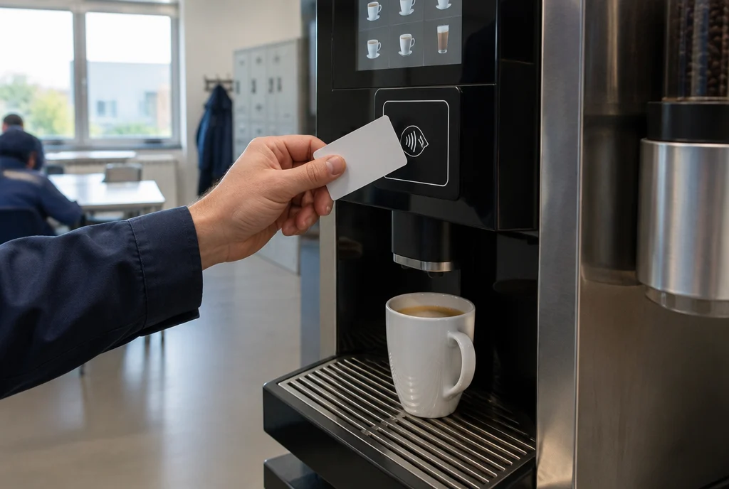 Kaffeeautomat mit Münzeinwurf und Bezahlsystem für Personalräume im Einsatz