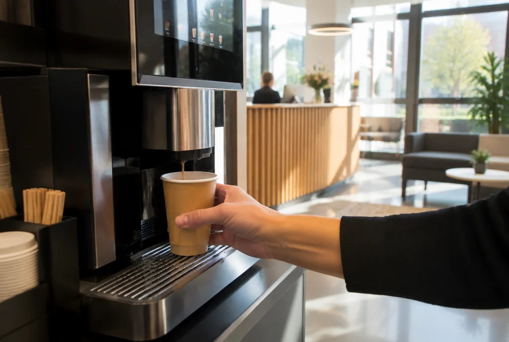 Heißgetränkeautomat und Kaffeeautomat für Betriebe, Kaffee, Kakao und Tee aus einem Gerät im Einsatz