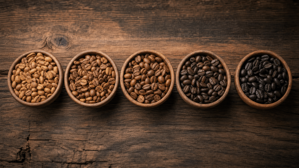 Verschiedene Kaffeebohnen Röstungen von hell bis dunkel auf Holzuntergrund