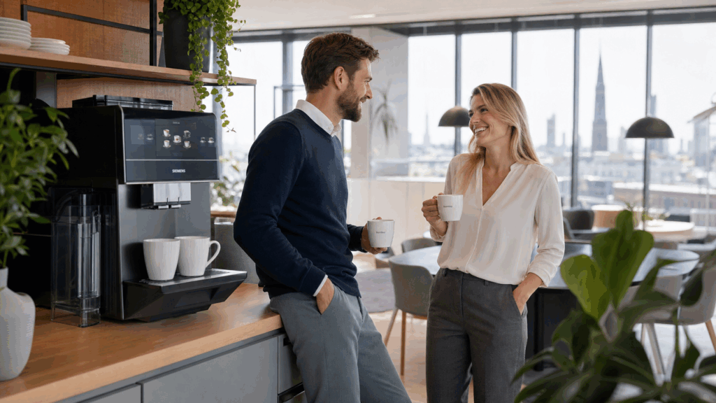 Arbeitgeber stellt moderne Kaffeemaschine im Büro für Mitarbeiter bereit