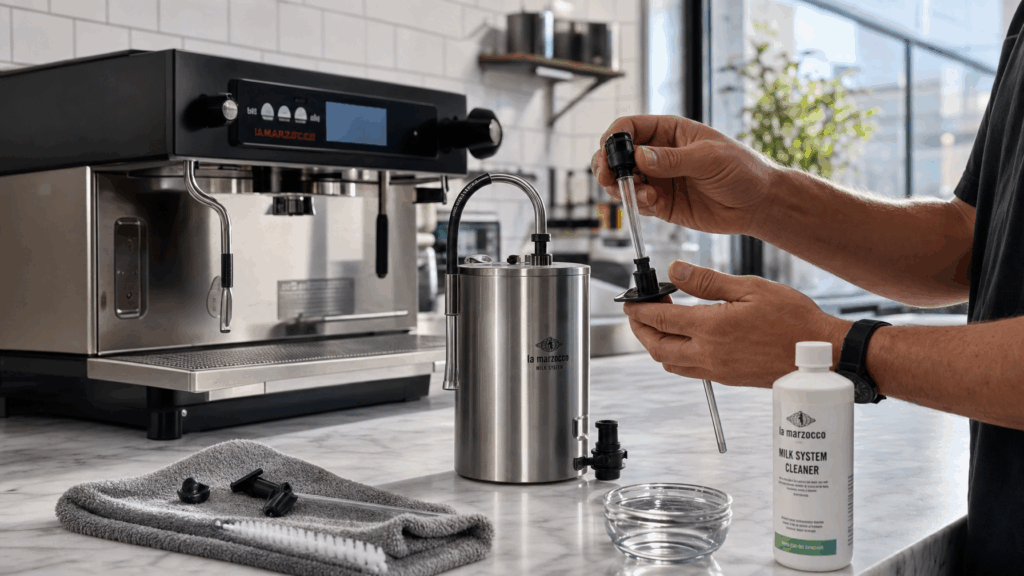 Gewerbliche Kaffeemaschine mit Milchsystem wird professionell gereinigt