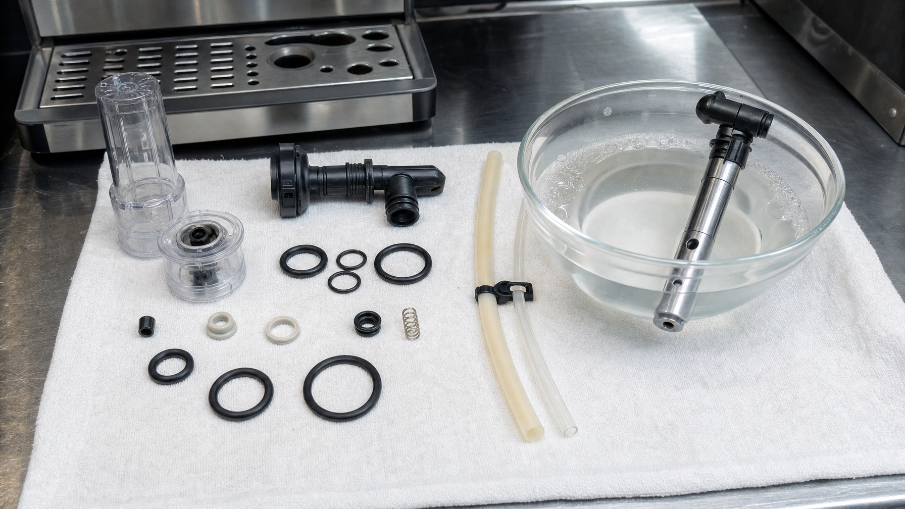 Gewerbliche Kaffeemaschine mit Milchsystem wird professionell gereinigt
