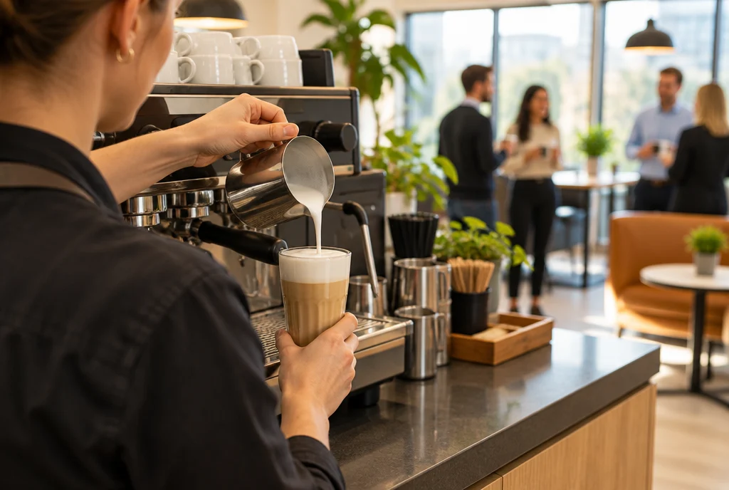 Kaffeevollautomat mit Milchbehälter und Milchsystem für Cappuccino und Latte Macchiato im Einsatz